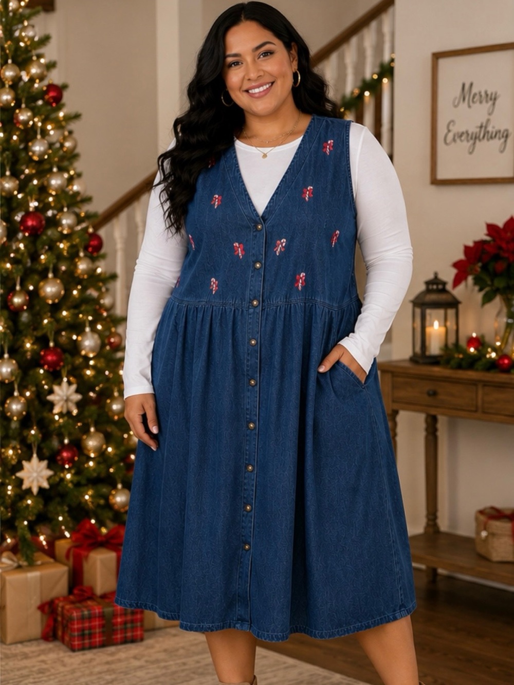 Denim Button-Front Midi Dress with Candy Cane Embroidery - Blue